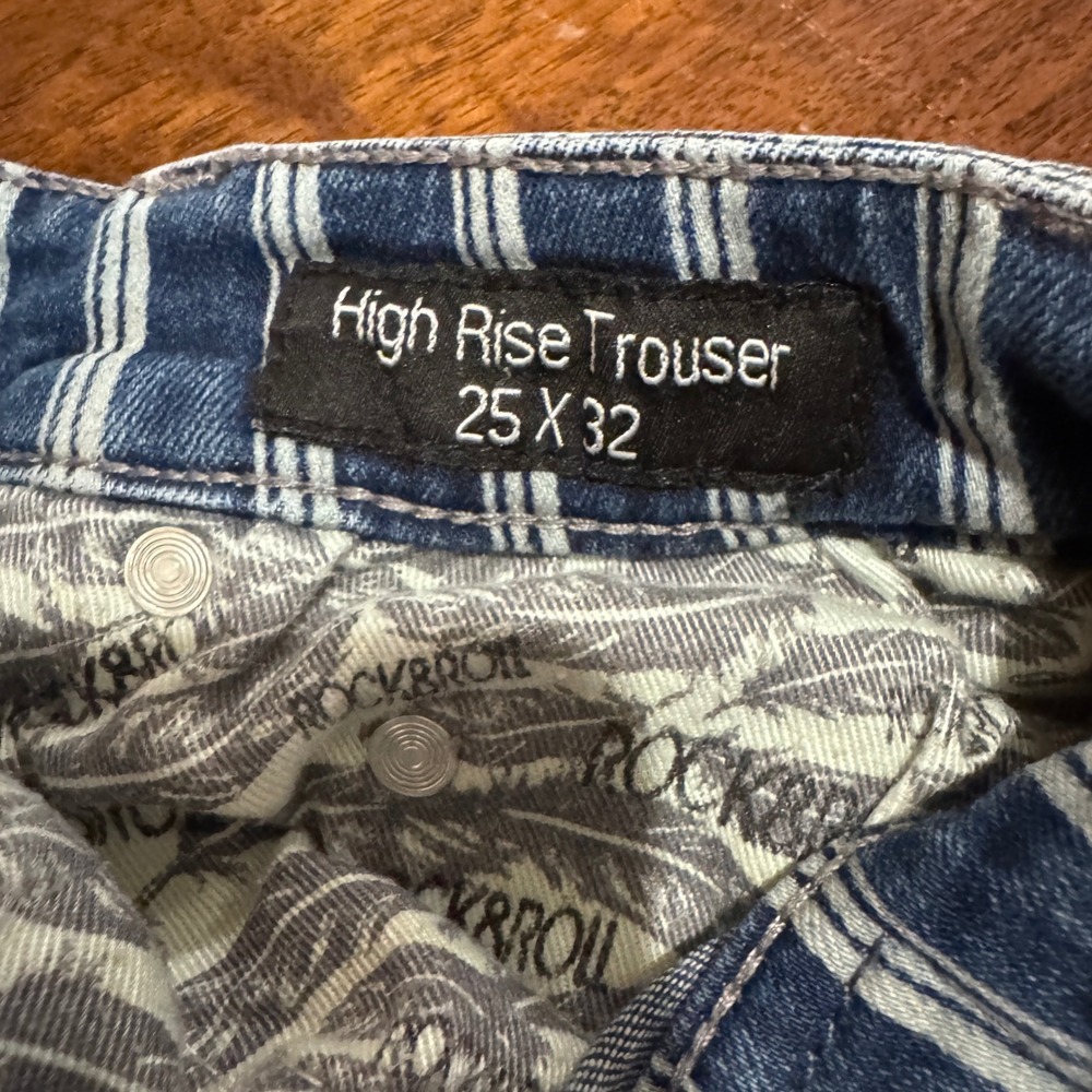 Rock & Roll Denim Pin Striped Flare Leg Raw Hem Denim Jeans 25x32 Western/Y2k - Picture 9 of 9